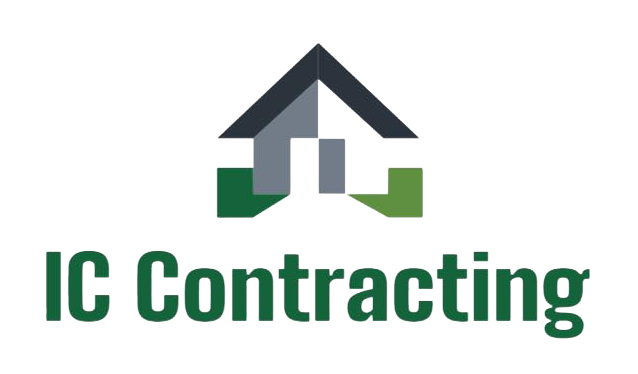 Logo for IC Contracting featuring a minimalist house icon in dark gray and green above the text "IC Contracting".