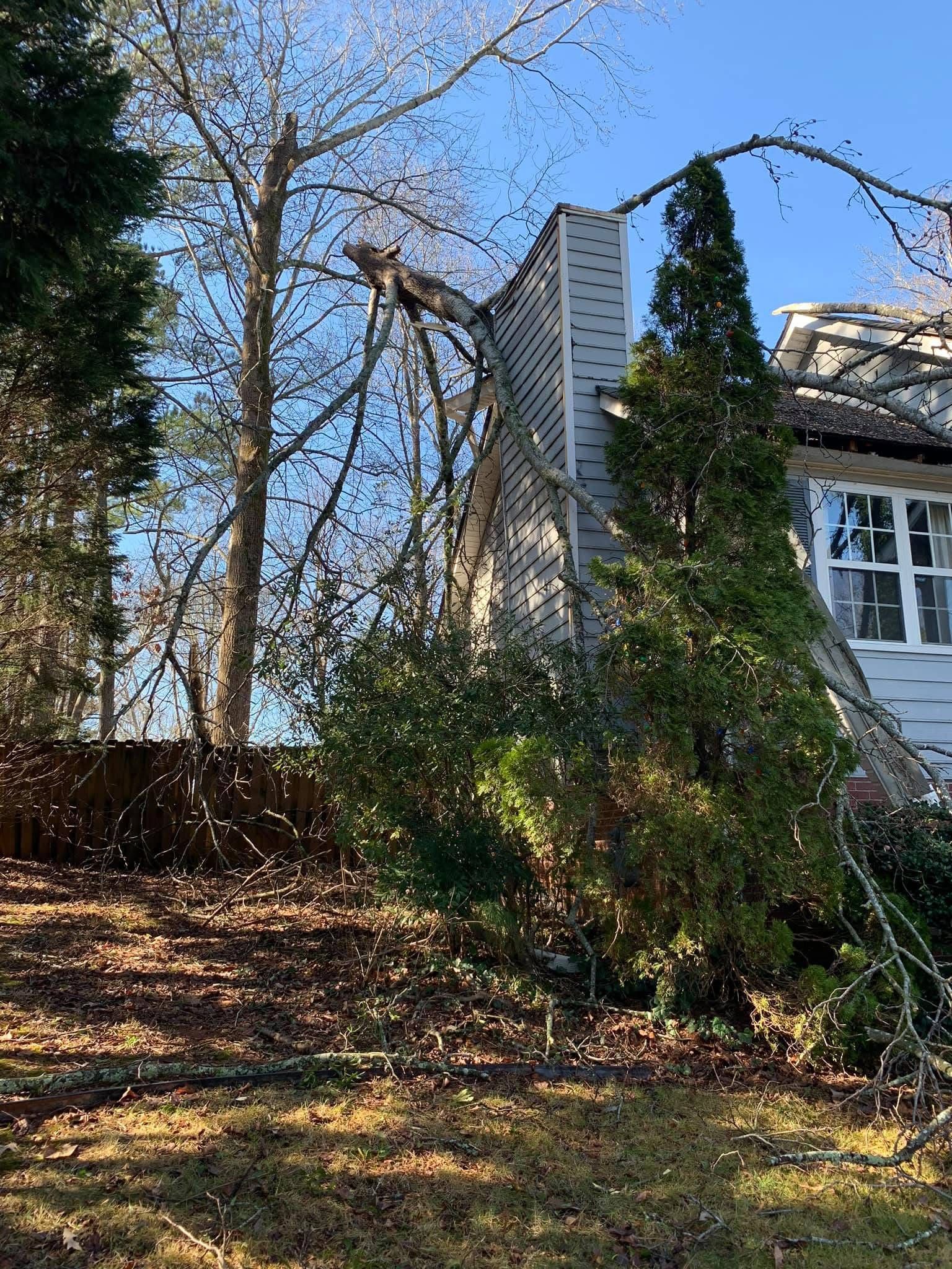 A damaged chimney on a house with a fallen tree limb against it, brown grass, and clear blue sky.