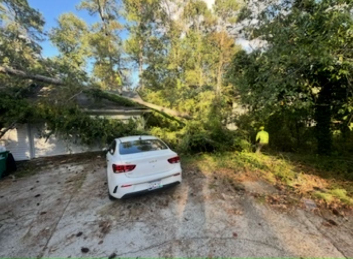 A white car is parked in a driveway with a tree fallen on the roof of the house. A worker is in the yard.