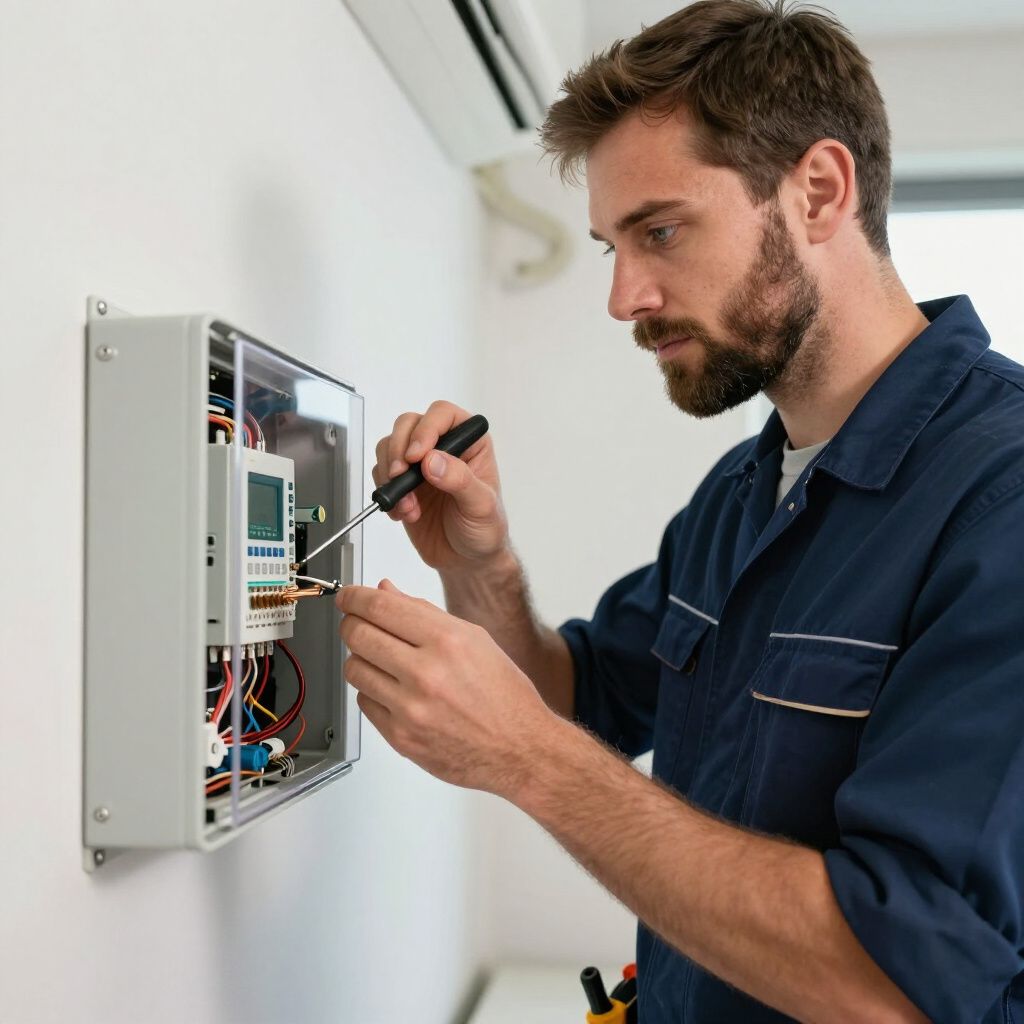 Electrician in blue coveralls using a screwdriver on a panel box.