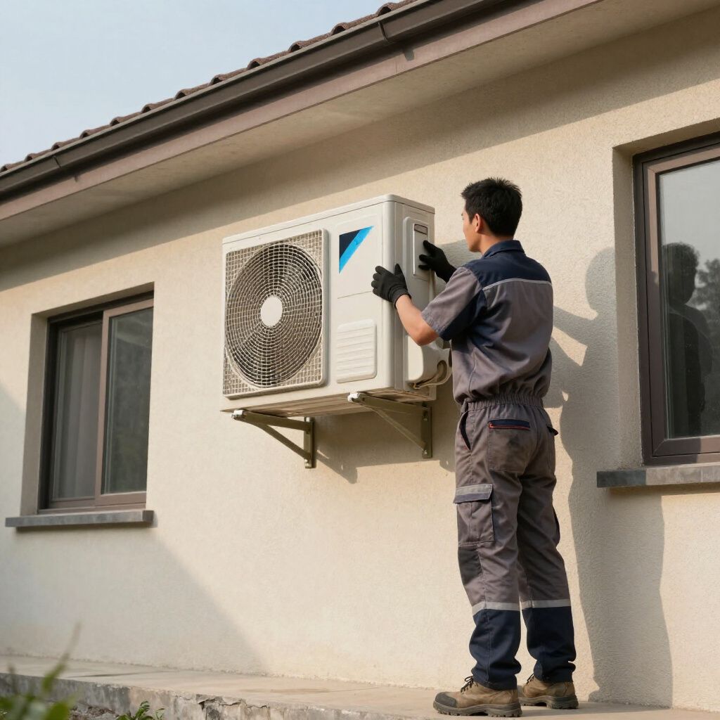 A technician in uniform installs an outdoor air conditioning unit on a beige building wall.