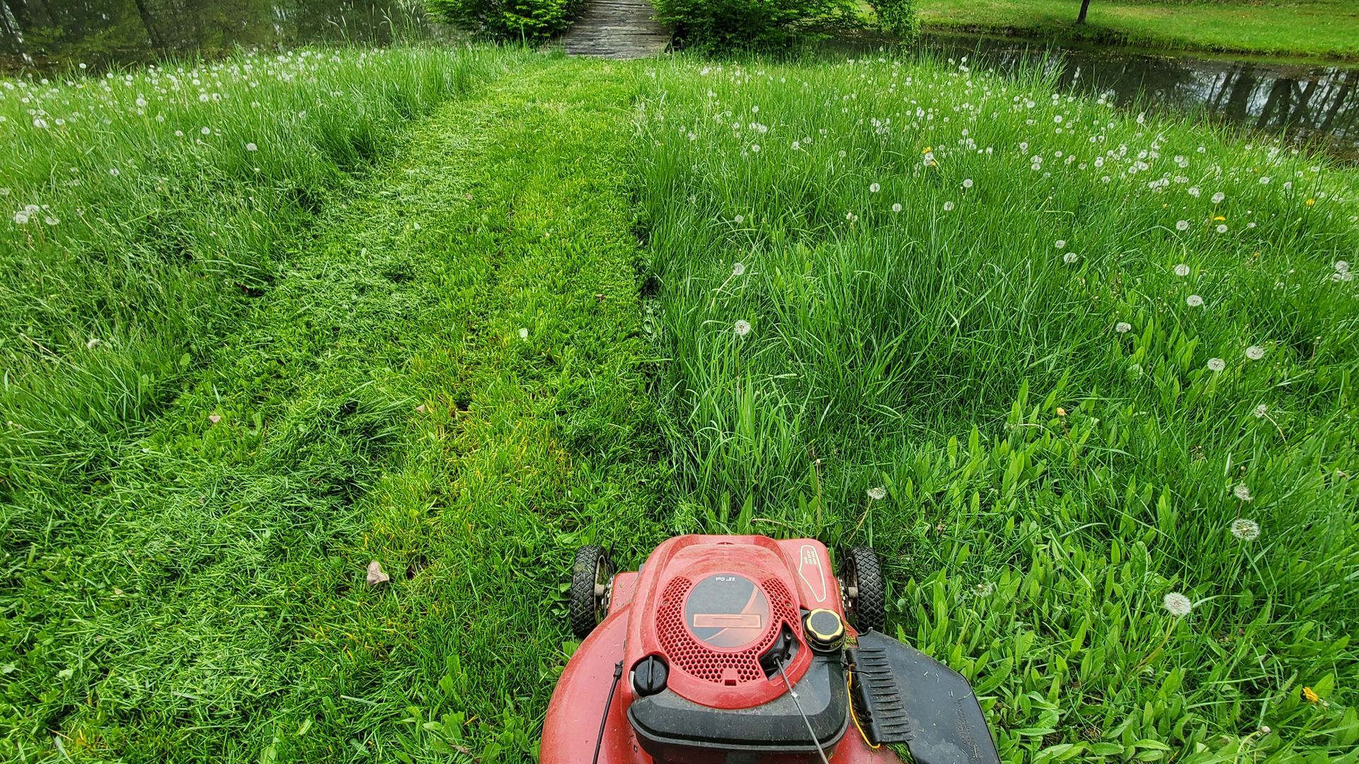 A red lawn mower is cutting a lush green lawn.