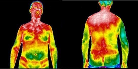 A thermal image of a man 's body shows a lot of different colors.