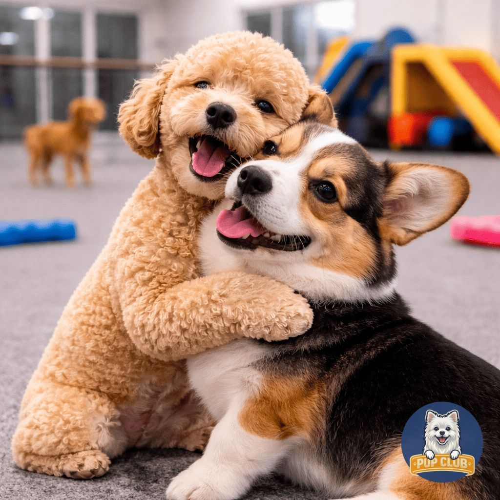 Two dogs wearing sweaters sit on blue chairs under a 