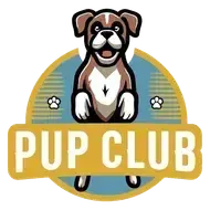 Smiling dog illustration in a yellow and blue badge with the words