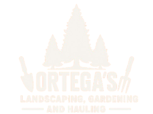 A white logo for Ortega 's Landscaping , Gardening and Hauling.