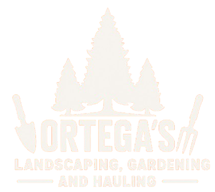 A white logo for Ortega 's Landscaping , Gardening and Hauling.