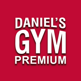 Een logo voor Daniel's Gym Premium op een rode achtergrond