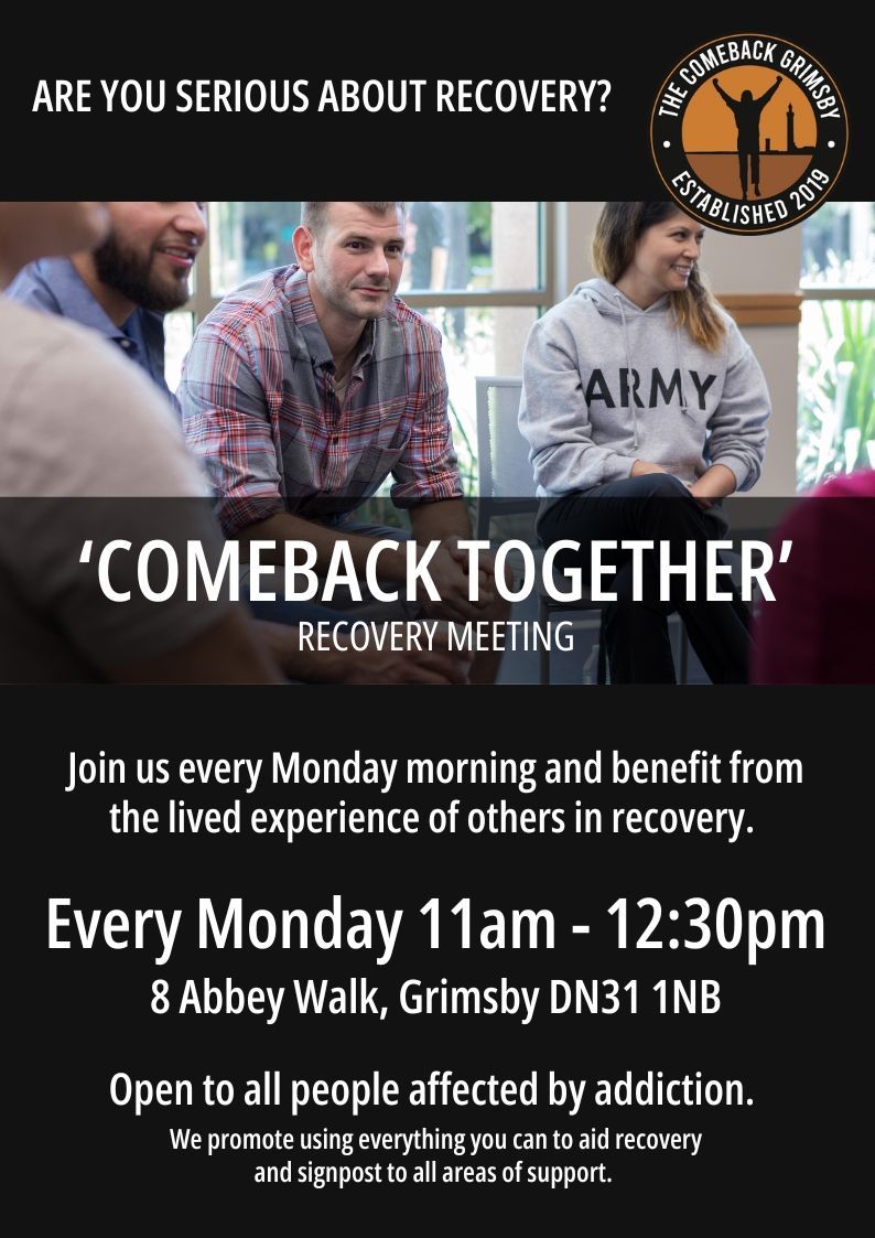 Flyer for a recovery meeting with a group of people sitting together, Monday mornings, in Grimsby.