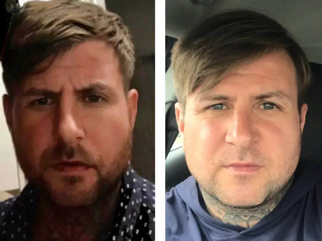 Two portraits of a man. Left: dark hair, beard, serious expression. Right: lighter hair, a softer expression.