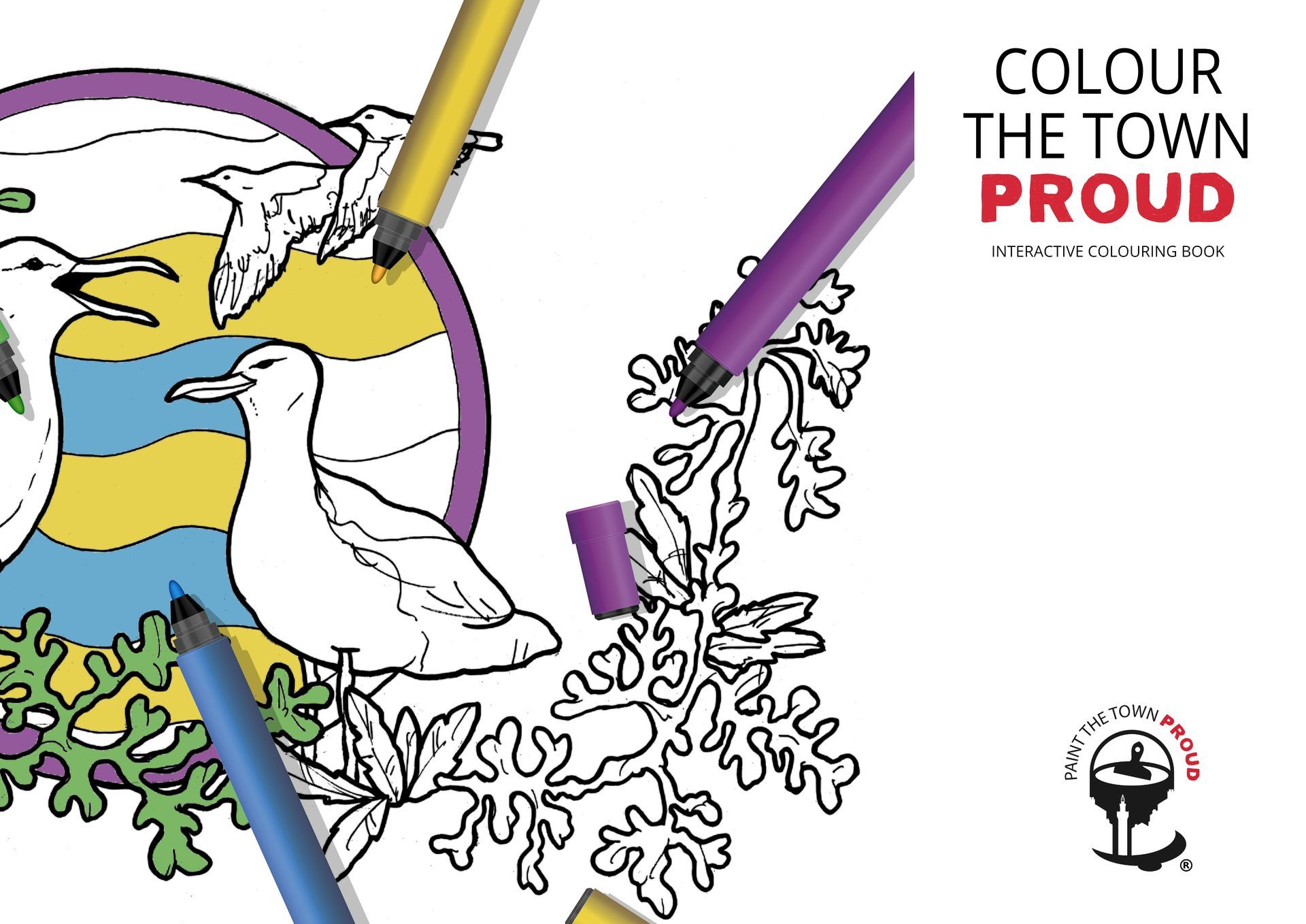 Coloring page with seagulls, seaweed, and colorful markers; "Colour the Town Proud" text.