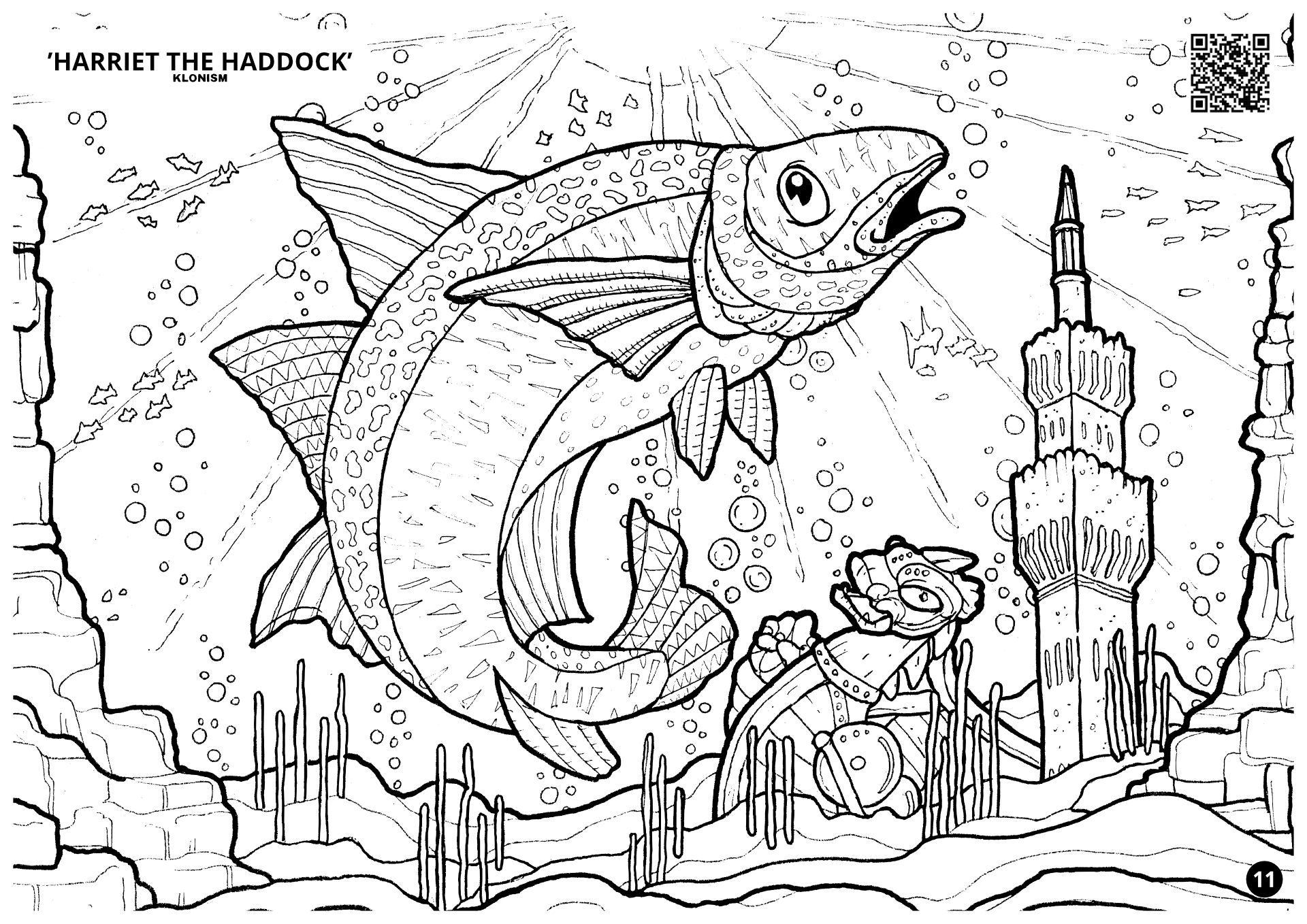 Coloring page with seagulls, seaweed, and colorful markers; 