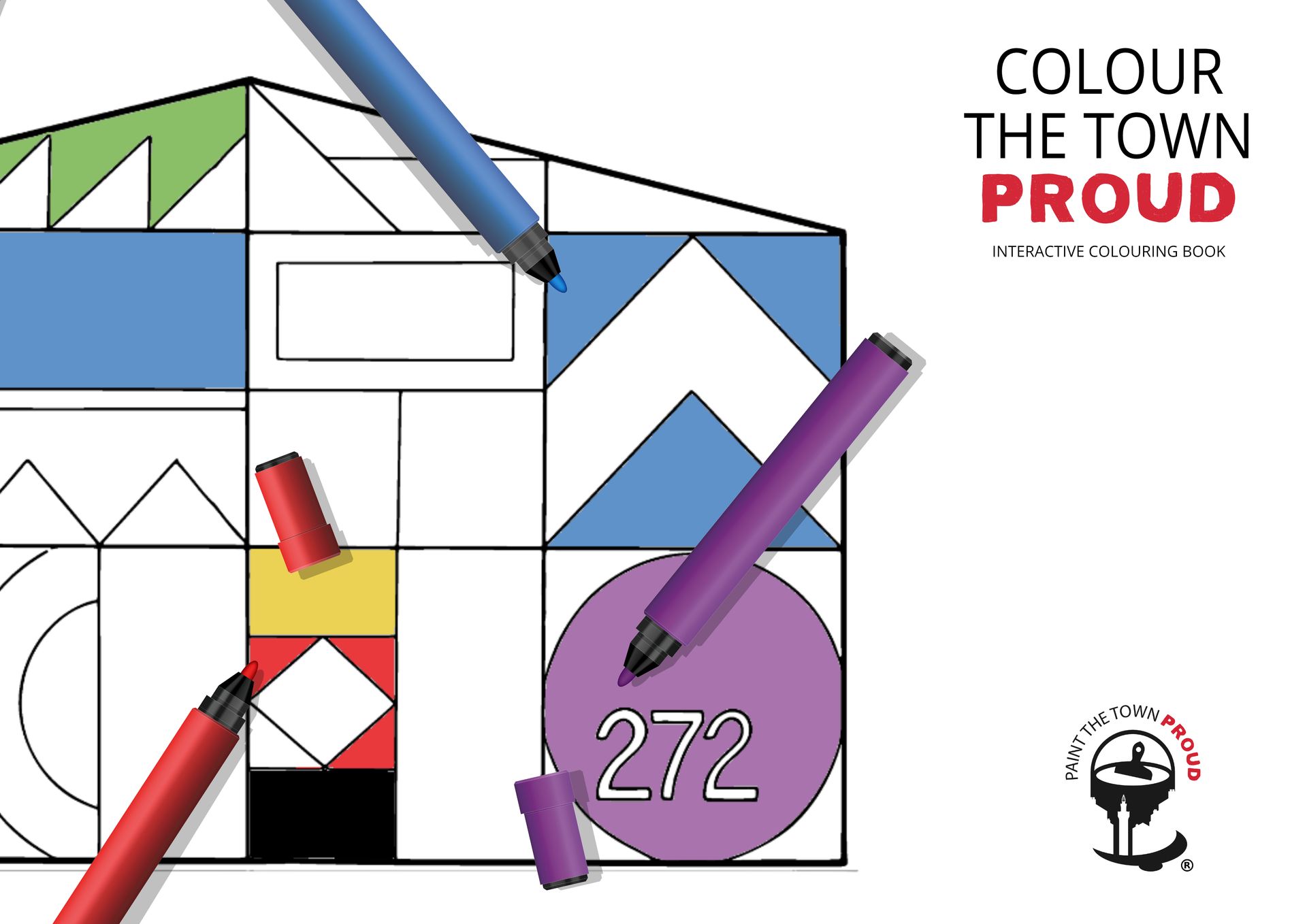 Coloring page of a building with markers. Text says 