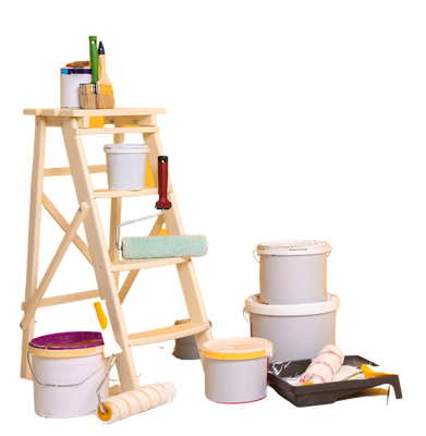 A wooden ladder with paint buckets and paint rollers on it