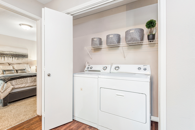 A laundry room with a washer and dryer in a closet.