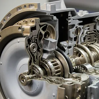 Cutaway view of a car transmission, revealing gears, shafts, and internal components.