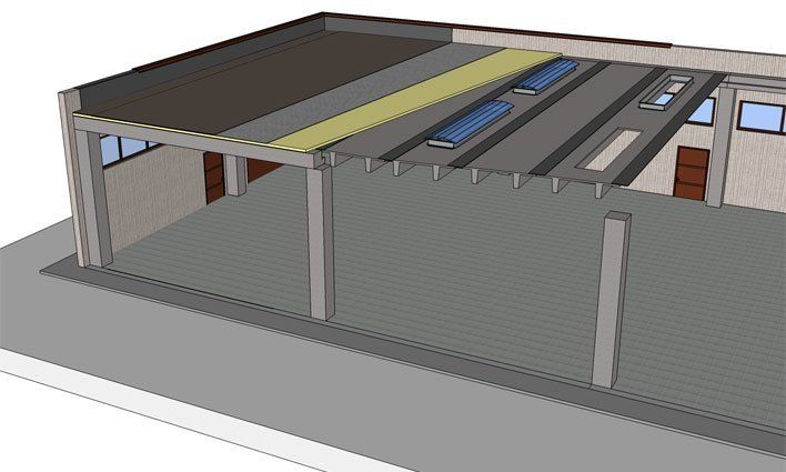 Rendering capannone con copertura piana con tegolo tt