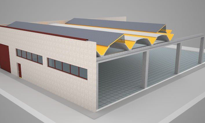 Rendering capannone industriale con copertura a tegoli alari