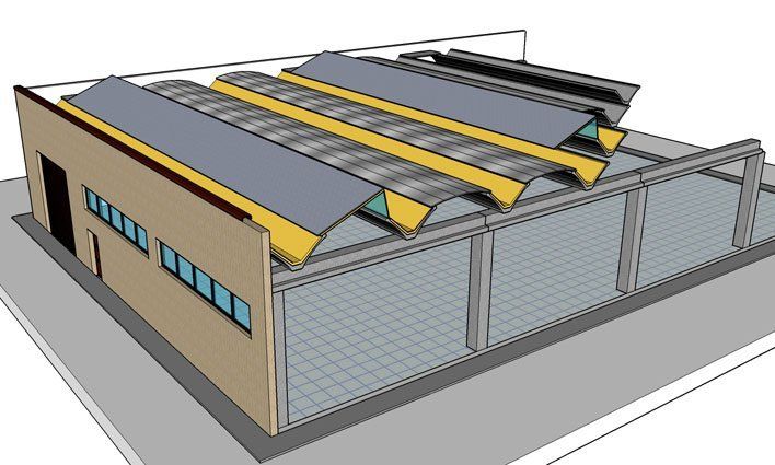 Modellino capannone industriale con copertura a tegoli alari