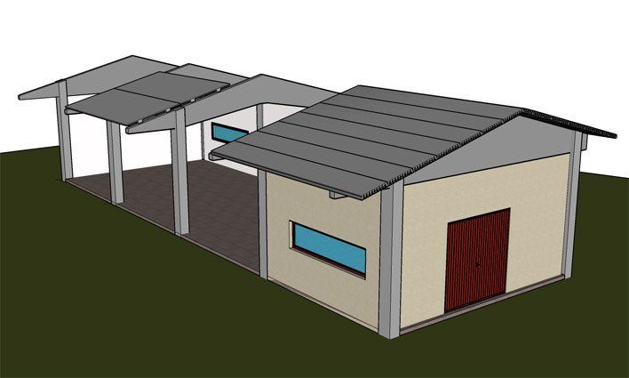 modellino di un capannone con copertura a boomerang