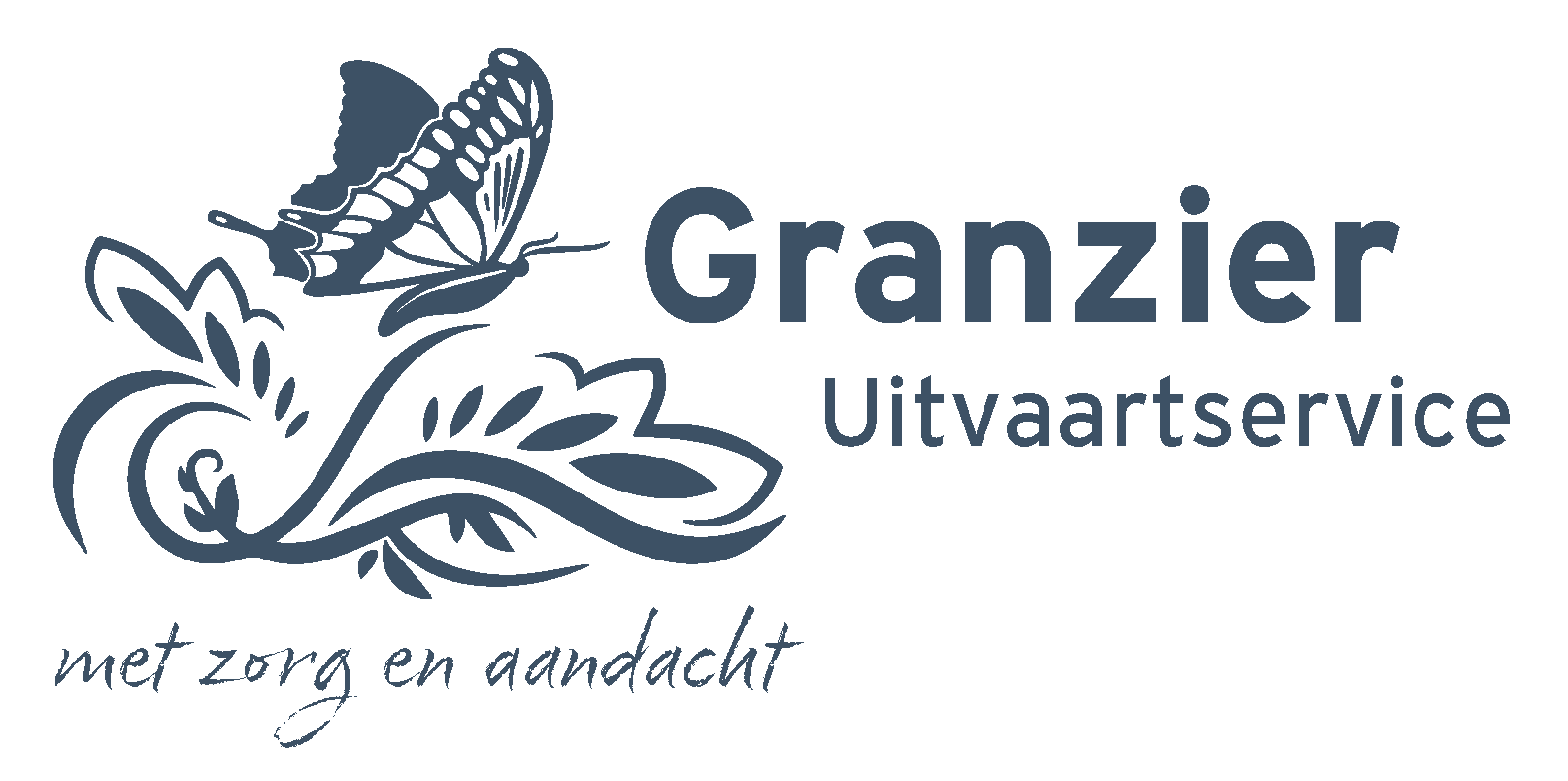Logo dla Granzier Uitvaartservice przedstawiające motyla siedzącego na kwiatowym ornamentie, z tekstem w języku niderlandzkim.
