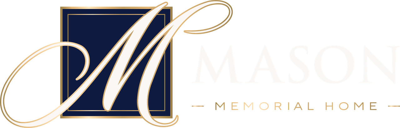 Mason Memorial Home logo with gold script &ldquo;M&rdquo; on a navy square and pale gold text