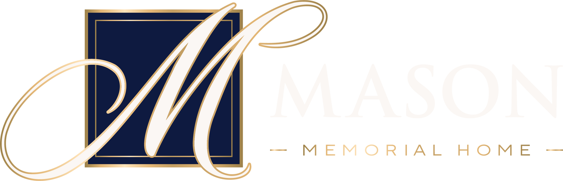 Mason Memorial Home logo with gold script “M” on a navy square and pale gold text