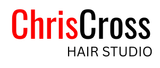 the logo for chris cross hair studio is red and black