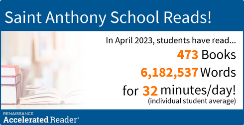 an advertisement for saint anthony school reads 473 books and 6,182,537 words for 32 minutes / day