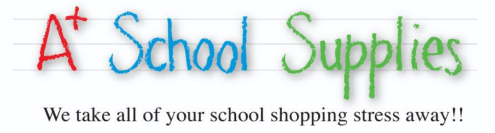 a school supplies logo that says we take all of your school shopping stress away