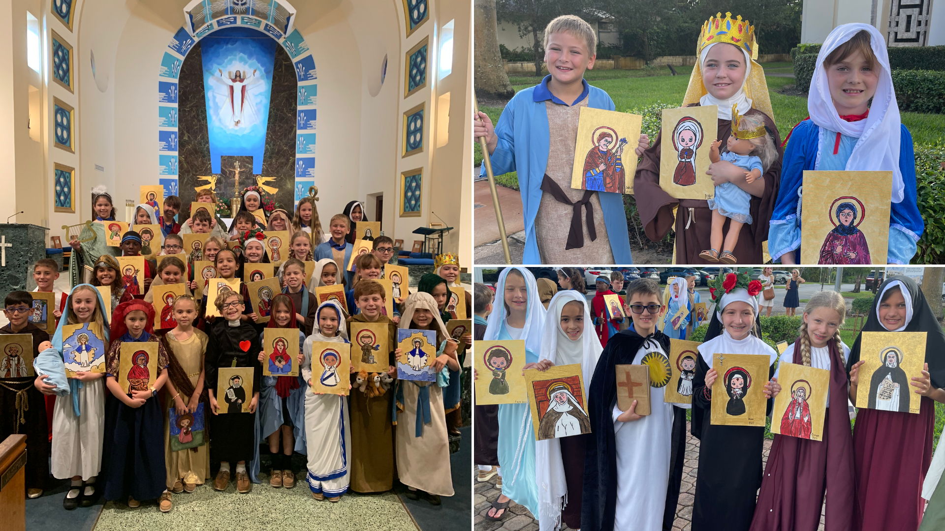 a group of children in costumes are holding up pictures of jesus