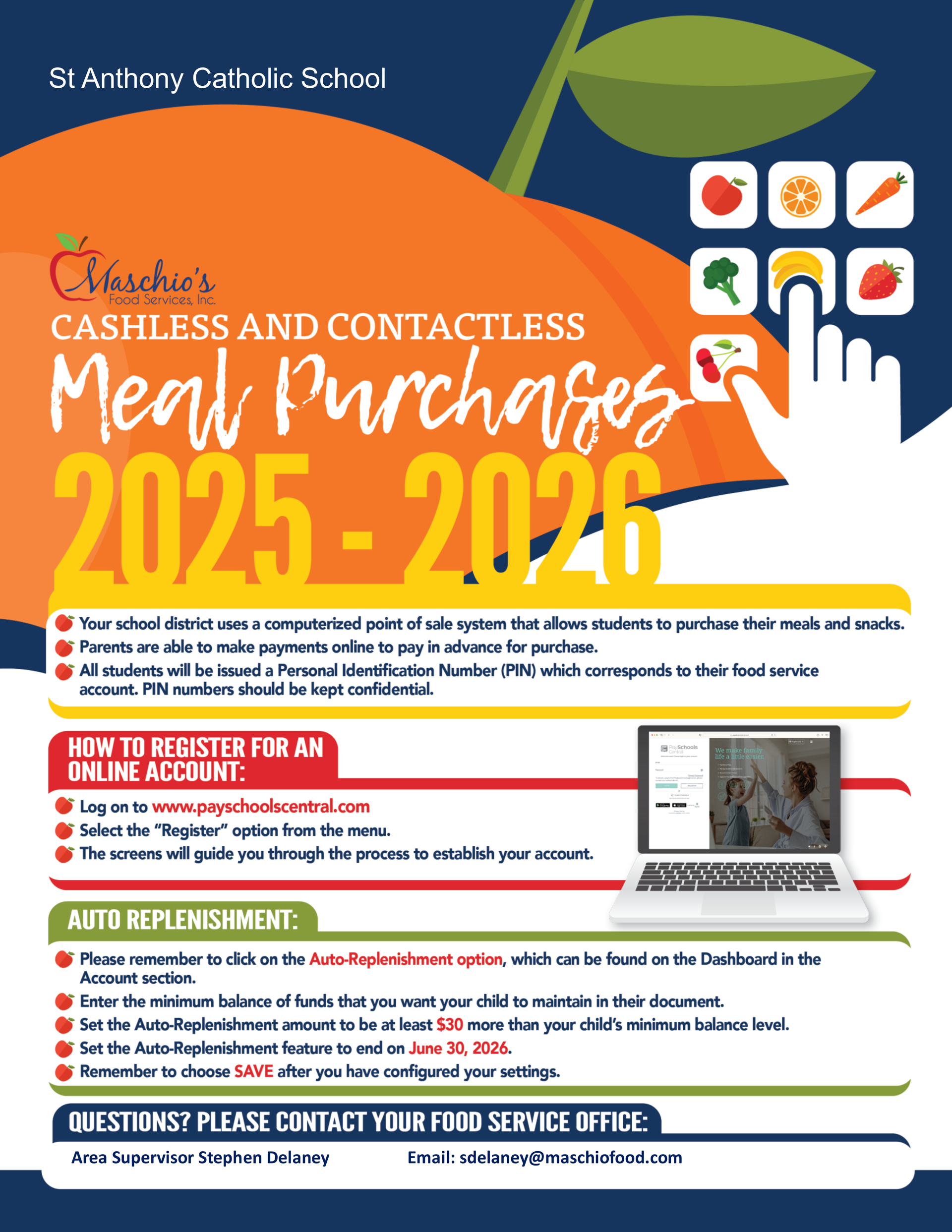 a flyer for cashless and contactless meal purchases for st. anthony catholic school