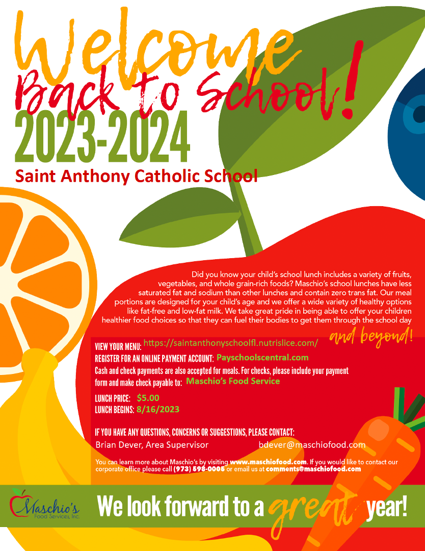 a welcome back to school flyer for saint anthony catholic school