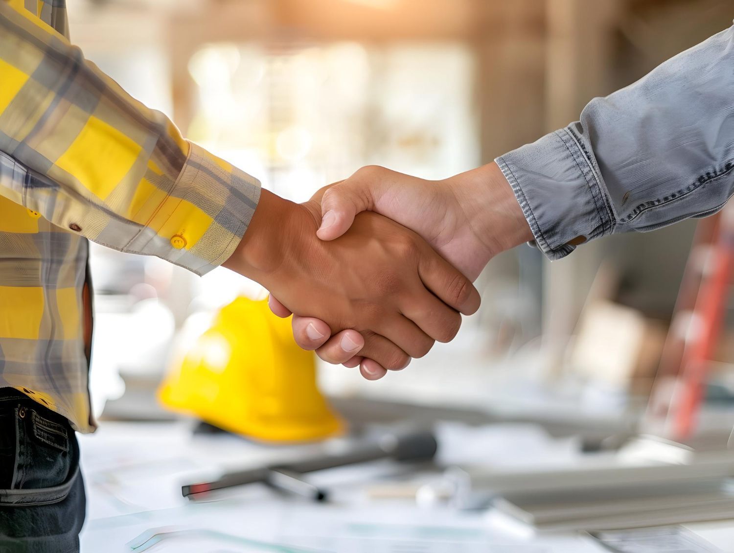 Two people shaking hands on a construction site; yellow and gray plaid shirt.