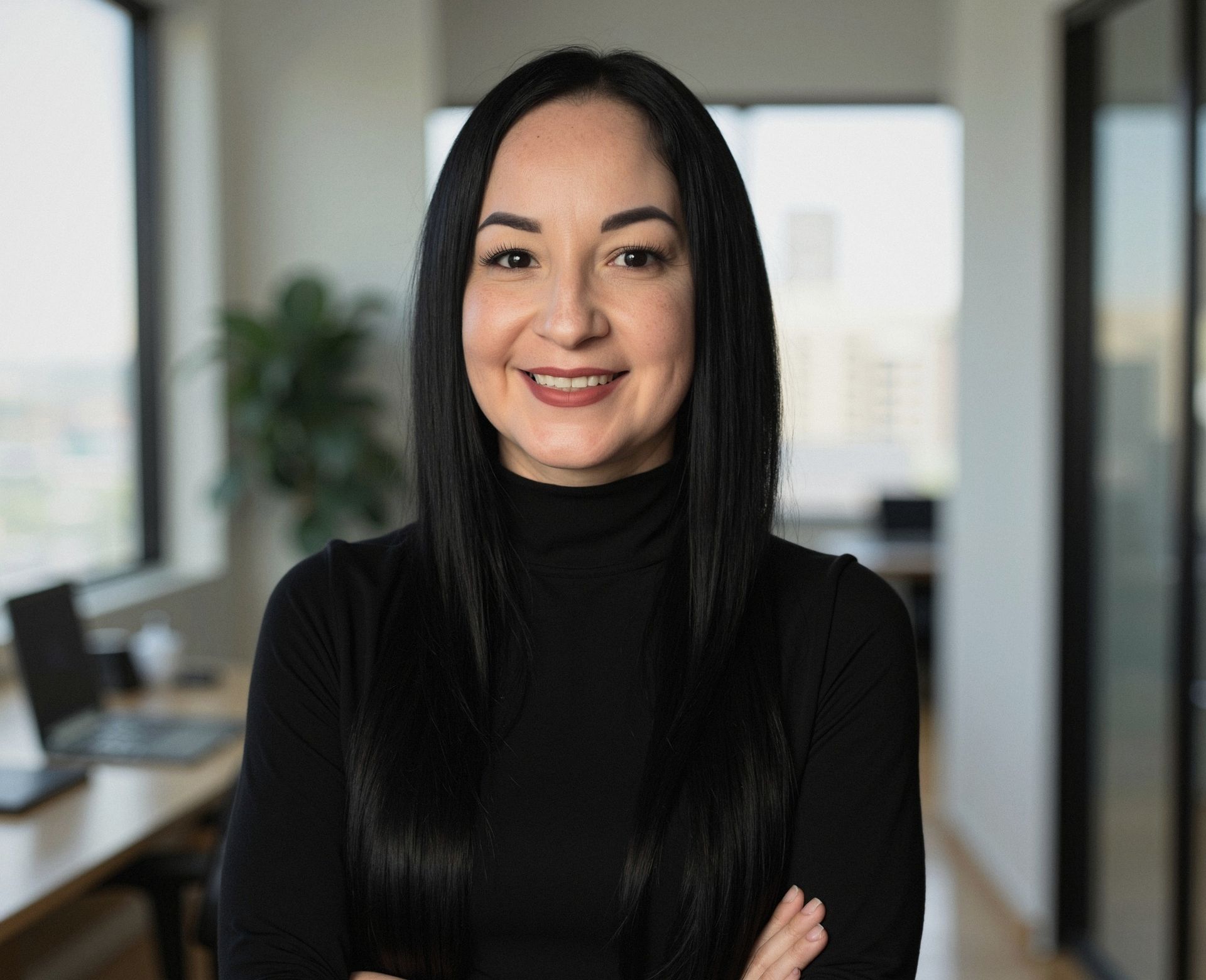 Woman with long dark hair smiles, arms crossed, wearing a black turtleneck in an office setting.