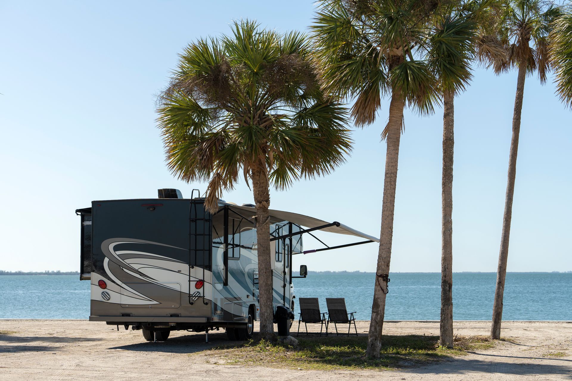 RV parked under palm trees on a beach with the ocean in the background.
