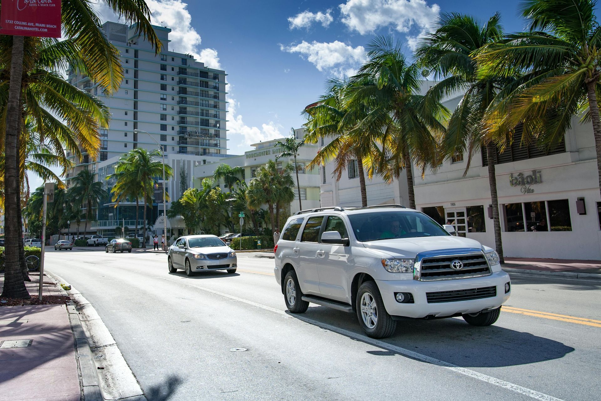 White SUV driving on a street with palm trees and buildings in Miami, Florida on a sunny day.