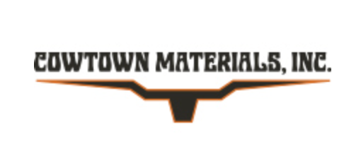 Logo for Cowtown Materials, Inc., featuring text above a dark brown bullhorn outline with orange accents.