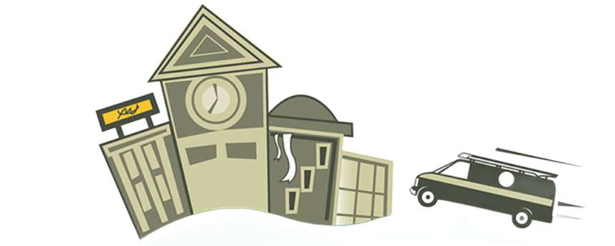 Cartoon of a city skyline with a clock tower and a speeding van.