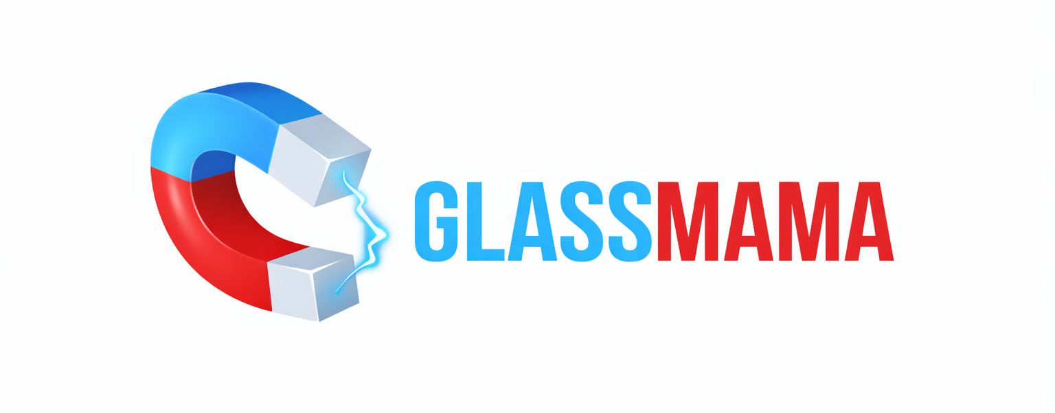 GlassMama logo: a red and blue magnet with the name GLASSMAMA.
