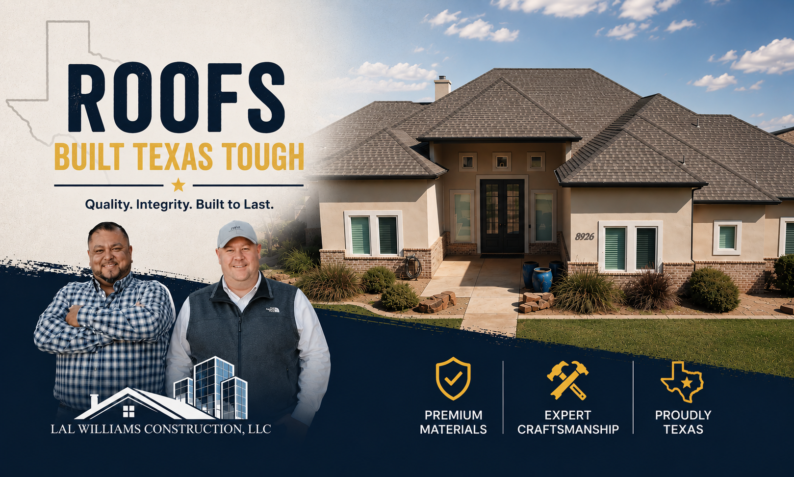 Lal Williams and his business partner standing in front of an Odessa TX home with a newly installed 