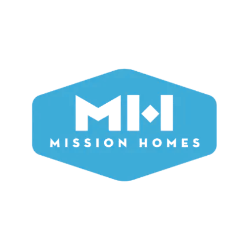 Blue and white Mission Homes logo: 