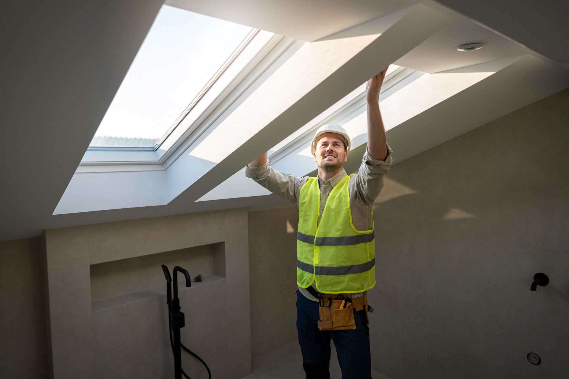 A man is installing a skylight in a room.