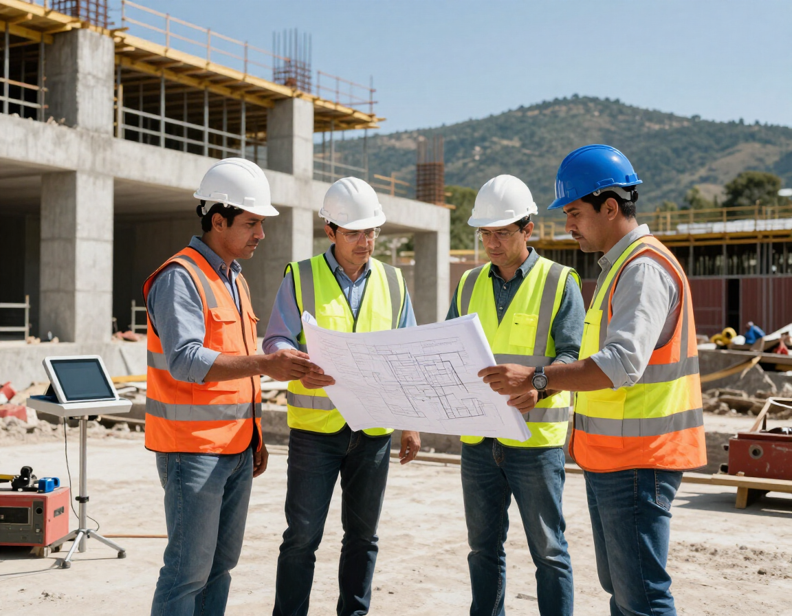 Equipo de H2B Construcciones supervisando una obra civil industrial