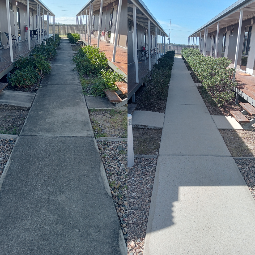 Before and after comparison of a concrete walkway cleaning.