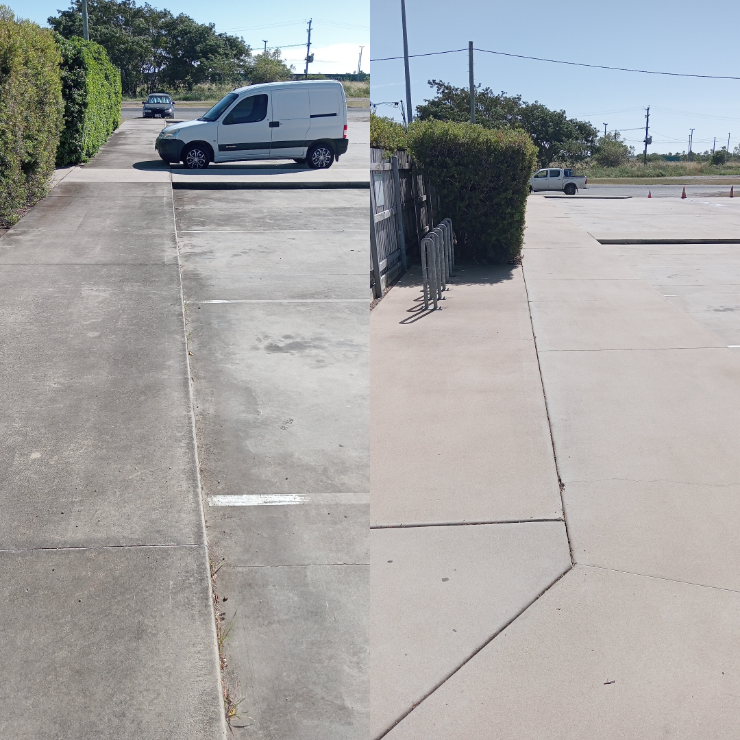 A before-and-after shot of a concrete surface. The left side shows dirty, while the right side appears clean. A white van is visible.
