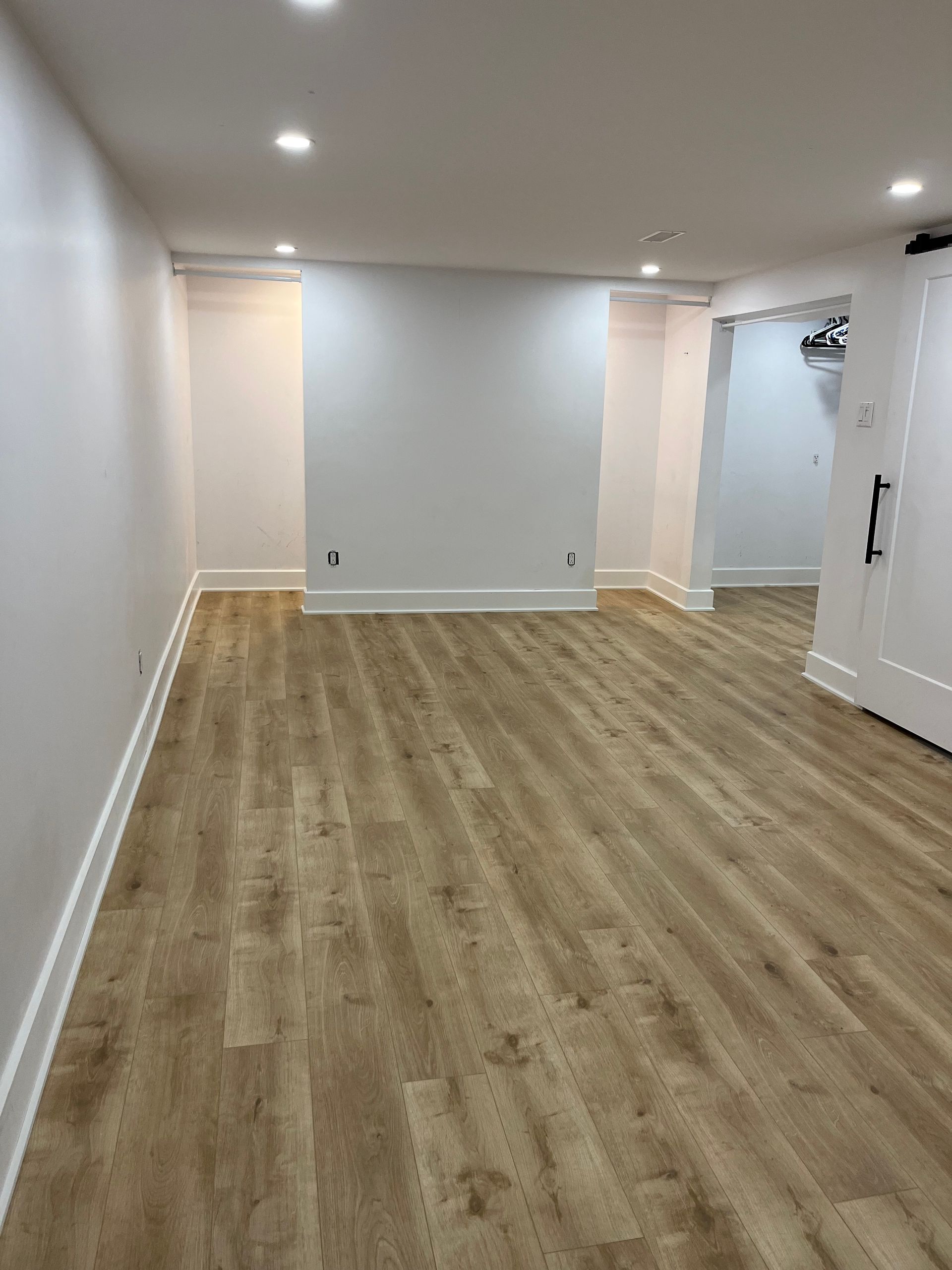 Un sous-sol avec planchers de bois franc et murs blancs.