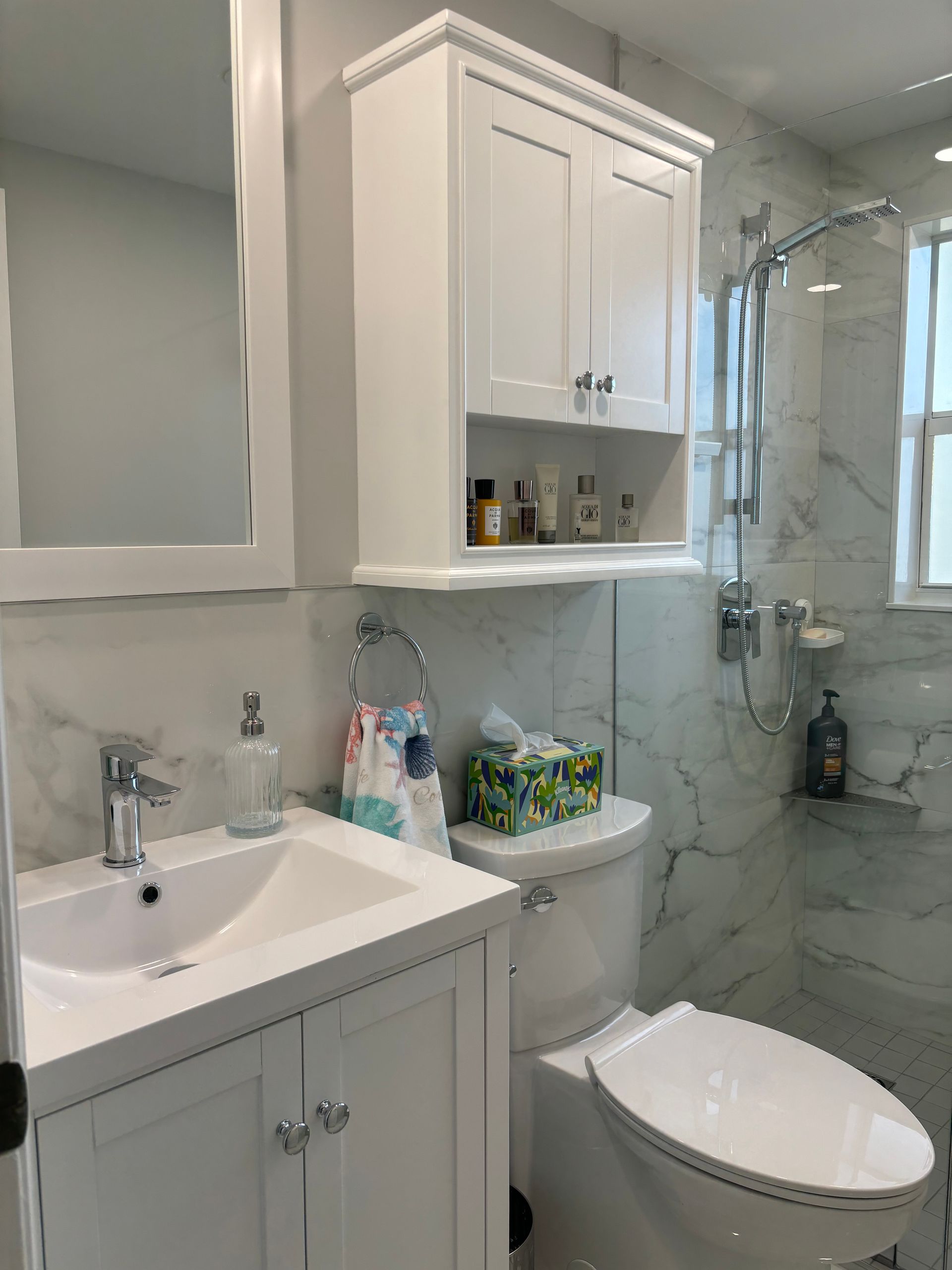 Une salle de bain avec WC, lavabo, miroir et douche.