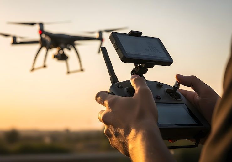 A person operates a drone remote controller during sunset, with a flying drone in the blurred background.