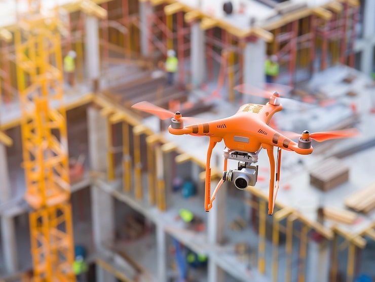A drone flies over a city at twilight, shining a bright spotlight down onto the buildings below.